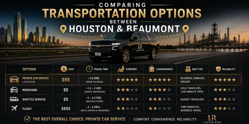 Wide transportation comparison infographic between Houston and Beaumont featuring a luxury Chevrolet Suburban with Lavish Ride branding, comparing private car service, rideshare, shuttle service, and flights for comfort, travel time, convenience, and reliability.